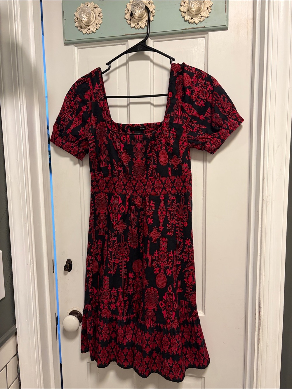 H&M Red and Black Printed Midi Dress with Square Neck